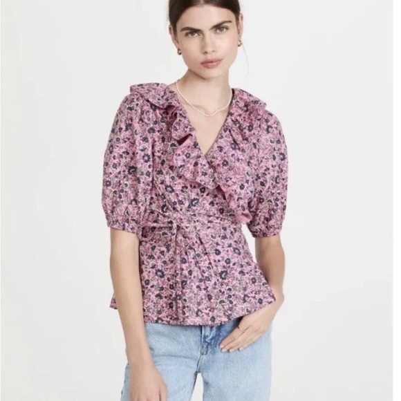 ROLLER RABBIT Cluny Brita Wrap Top Women S Pink Floral Ruffle V Neck Puff Sleeve - Picture 2 of 14